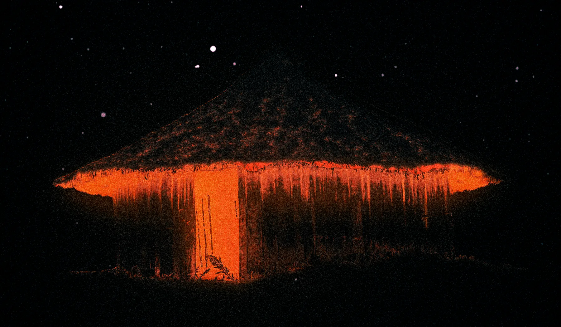 A thatched hut at night, lit from inside, under the stars